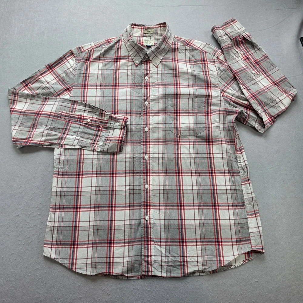 J. Crew Secret Wash Slim Fit Plaid Button Down Shirt Mens XL Grey Red Stretch